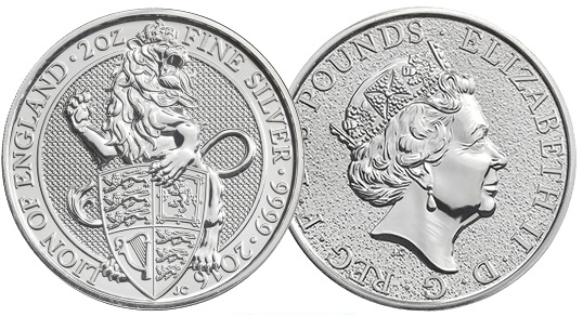 Queen's Beast Silbermünze 2 Unzen Silber der Royal Mint. Die erste Ausgabe Motiv 